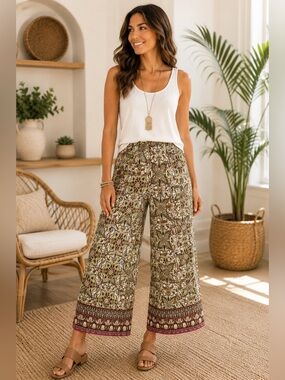 77 Park Printed Wide Leg Crop Pants Boho Palazzo Pull On Size Medium